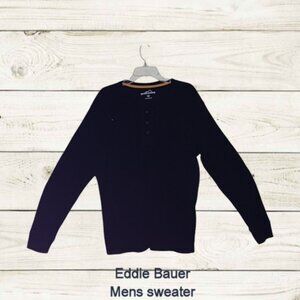 Eddie Bauer Mens Collarless 3 Button Sweater Long Sleeve Sz XL Black